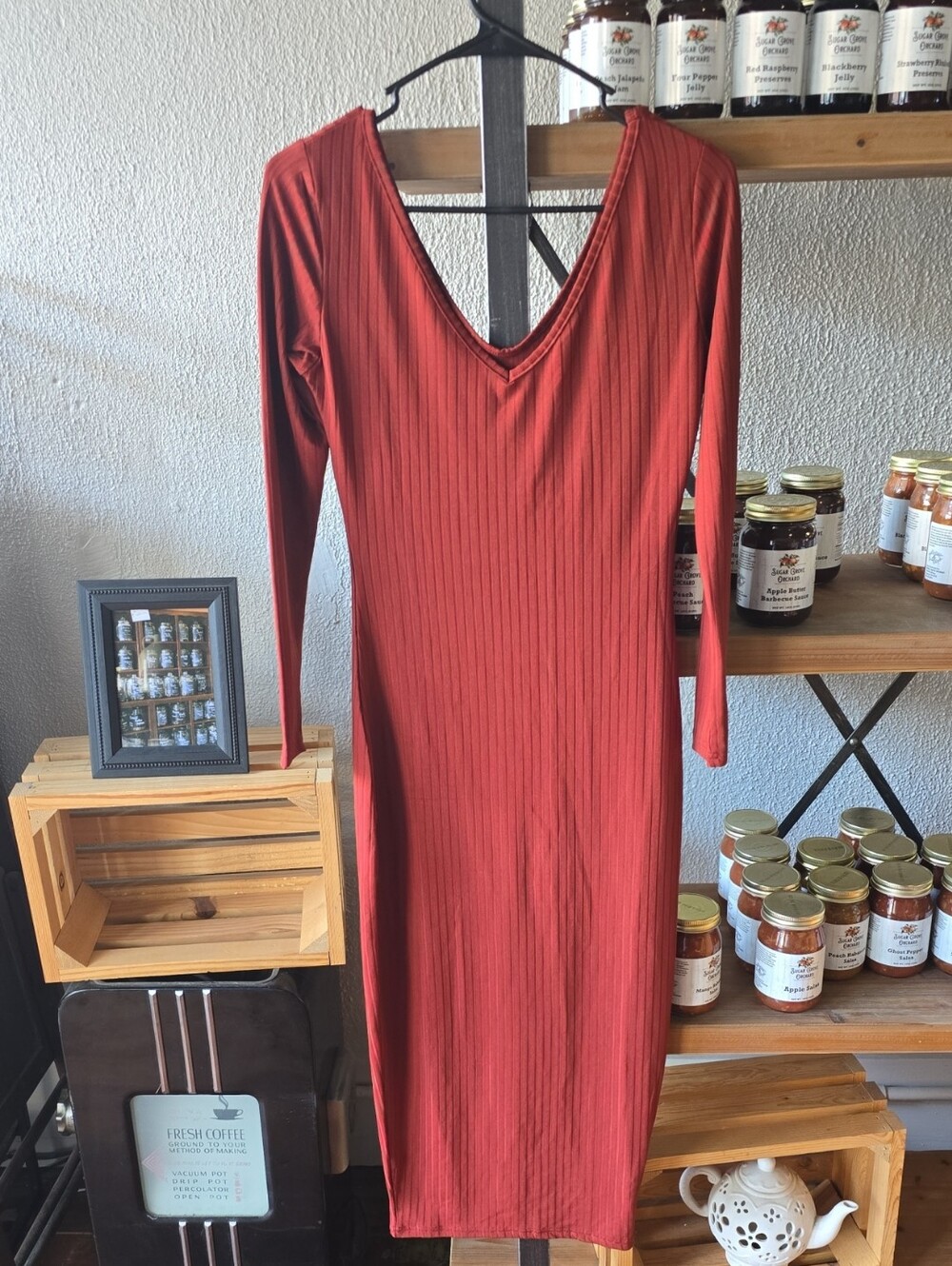 Ribbed Long-Sleeve V-Neck Dress in Rust Red